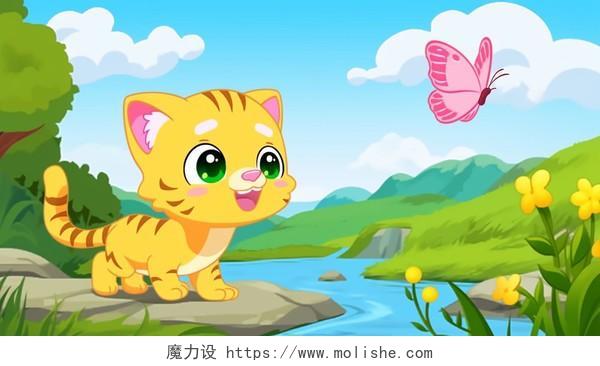 小猫抓蝴蝶钓鱼儿童故事配图AI插画